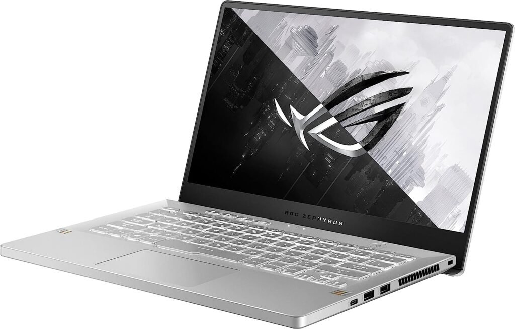 Laptop ASUS ROG Zephyrus G14 abierto con pantalla y teclado retroiluminado
