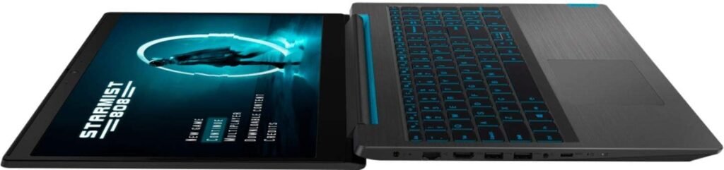 Laptop para gaming abierto mostrando pantalla y teclado retroiluminado