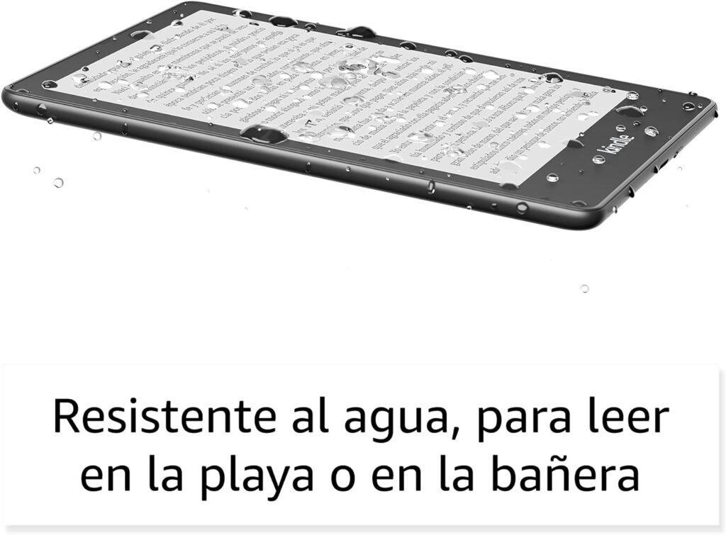 eReader Kindle a prueba de agua con gotas sobre la pantalla, ideal para lectura en playa o bañera