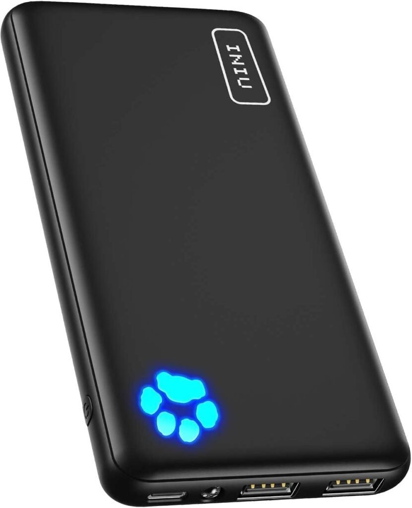 Power bank negro elegante con indicador de carga en forma de huella luminosa LED y puertos USB duales