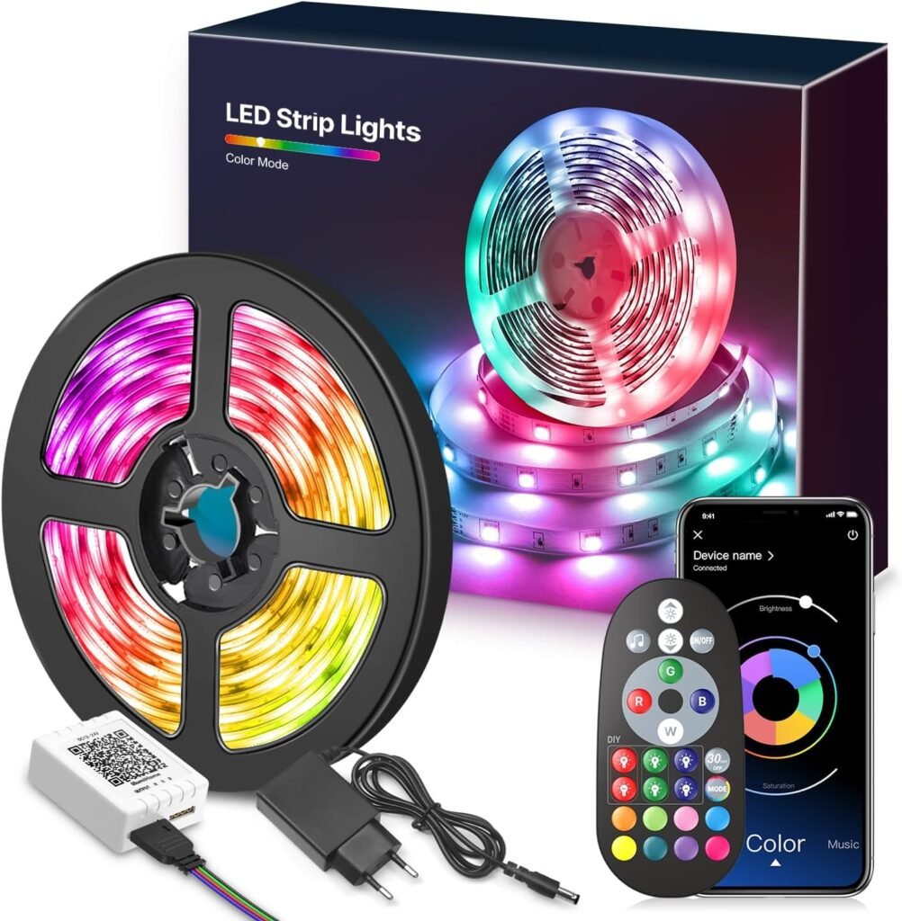 Tira de luces LED multicolor controlada por app y mando, con caja y accesorios.