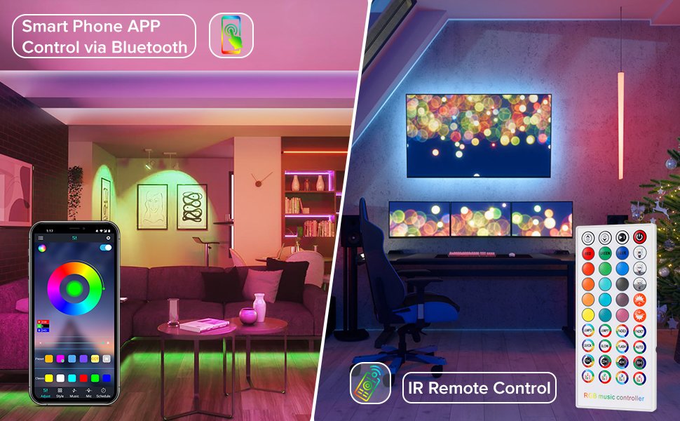 Salas con control de iluminación LED por app y mando a distancia, ambiente moderno.