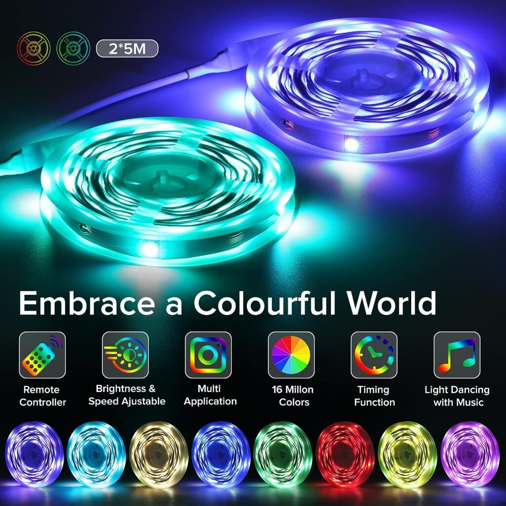 Tiras LED con 16 millones de colores, control remoto y sincronización musical en ambiente oscuro.