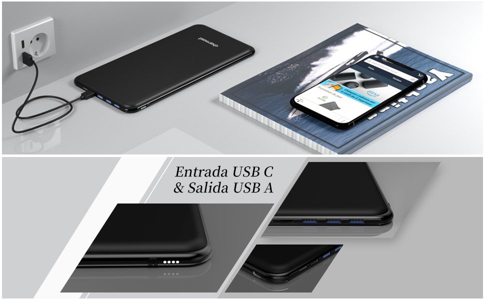 Power bank cargando un teléfono móvil, con entrada USB-C y salida USB-A, sobre mesa moderna.