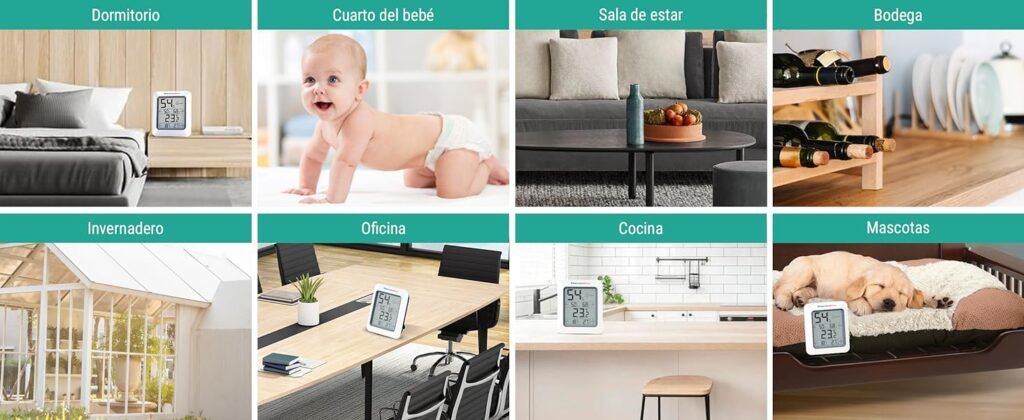 ThermoPro TP50 usado en múltiples entornos: dormitorio, cuarto de bebé, sala de estar, bodega, invernadero, oficina, cocina y con mascotas, demostrando su versatilidad.