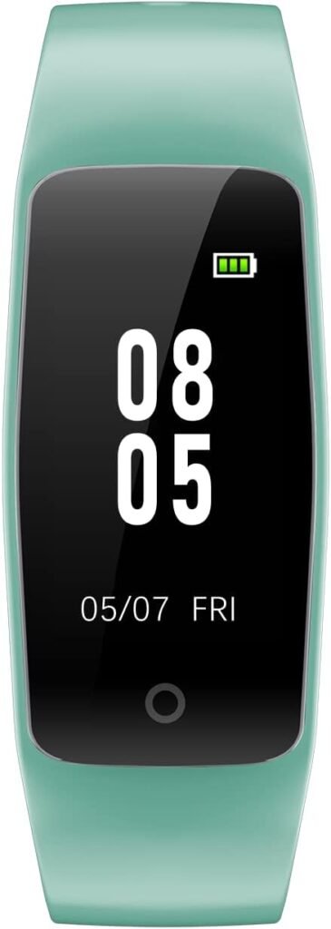 actividad minimalista en color verde menta con pantalla que muestra la hora 08:05 y la fecha 05/07 viernes, con el ícono de batería llena en la esquina superior derecha y un botón central en la parte inferior de la pantalla.