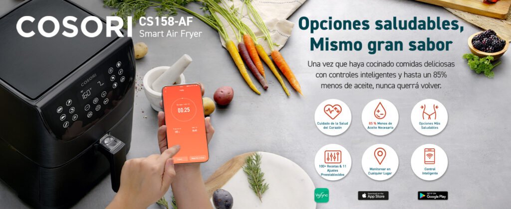 COSORI CS158-AF Smart Air Fryer con aplicación móvil, promoviendo opciones saludables y gran sabor con menos aceite.