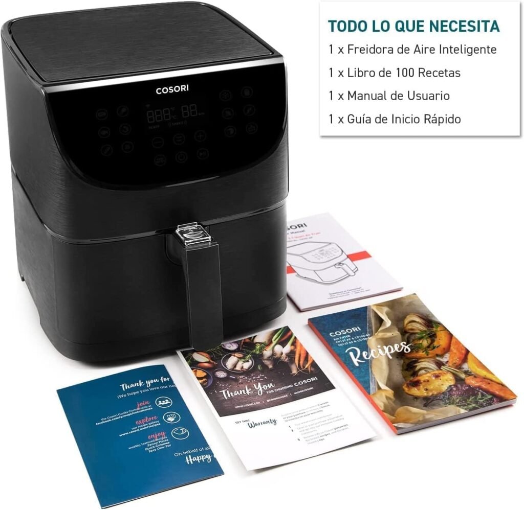 COSORI Air Fryer con accesorios incluidos: libro de 100 recetas, manual de usuario y guía de inicio rápido.