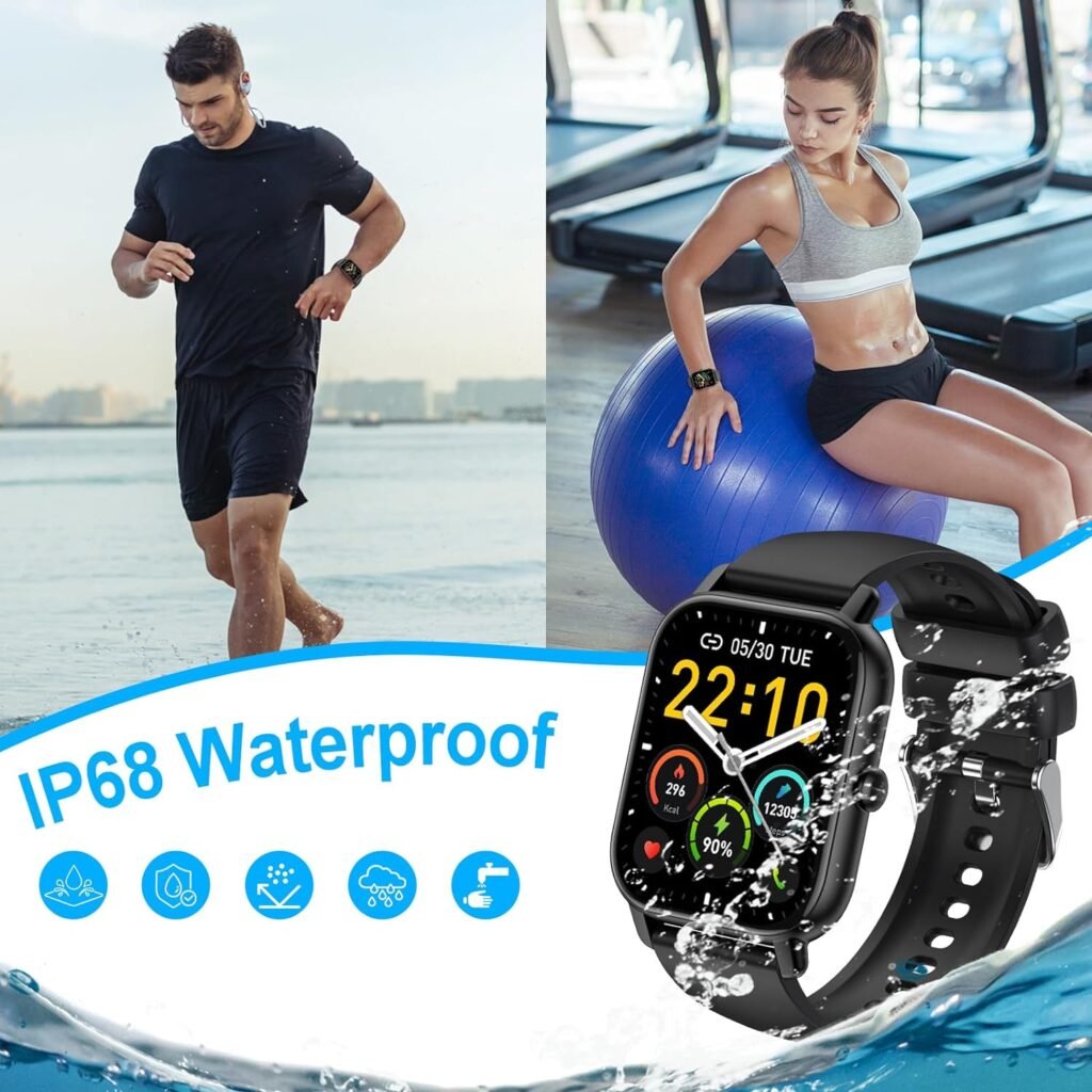 Imagen dividida mostrando a un hombre corriendo por la playa y una mujer entrenando con una pelota de pilates, ambos usando un reloj inteligente resistente al agua IP68, con iconos de natación, ducha, y gotas de agua destacando la impermeabilidad del dispositivo