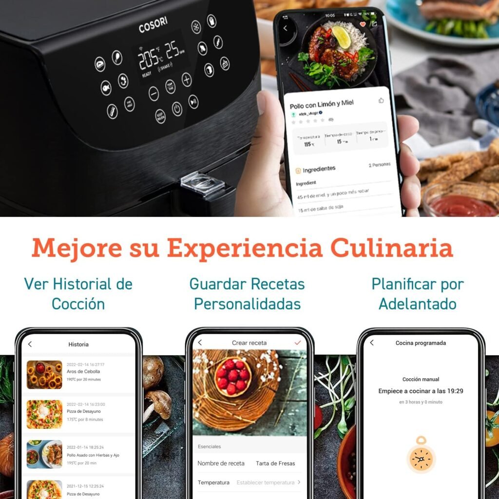 Funciones interactivas de COSORI Air Fryer con aplicación móvil mostrando recetas, historial de cocción y opciones de planificación.