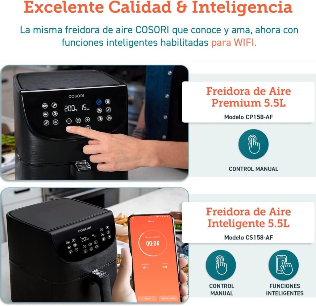 Collage de COSORI Freidora de Aire 5.5L, destacando calidad e inteligencia con controles WiFi y manuales, y visualización de la app móvil.