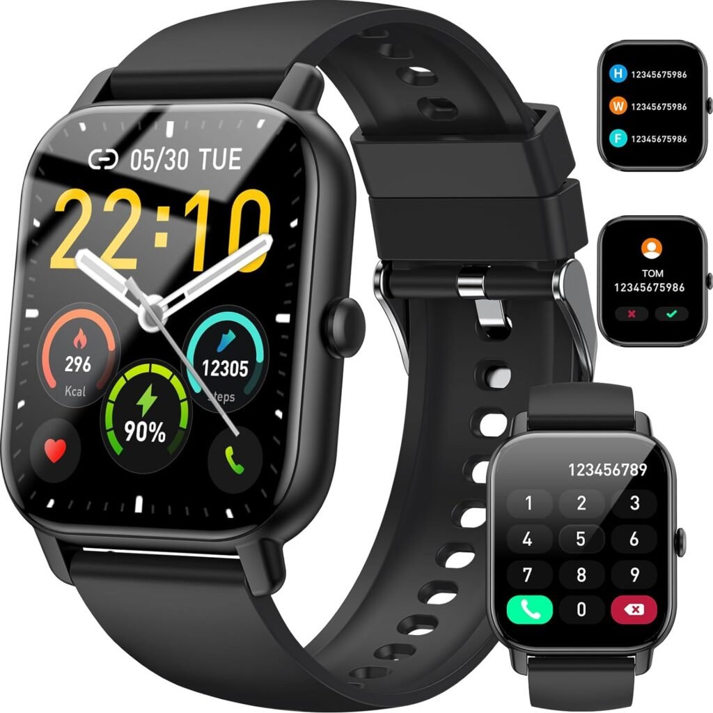 Reloj inteligente con pantalla táctil mostrando hora, fecha, calorías quemadas, porcentaje de batería, y contador de pasos, con íconos de llamada y mensajes en una esquina y un teclado numérico en la parte inferior, todo en una correa de silicona negra.