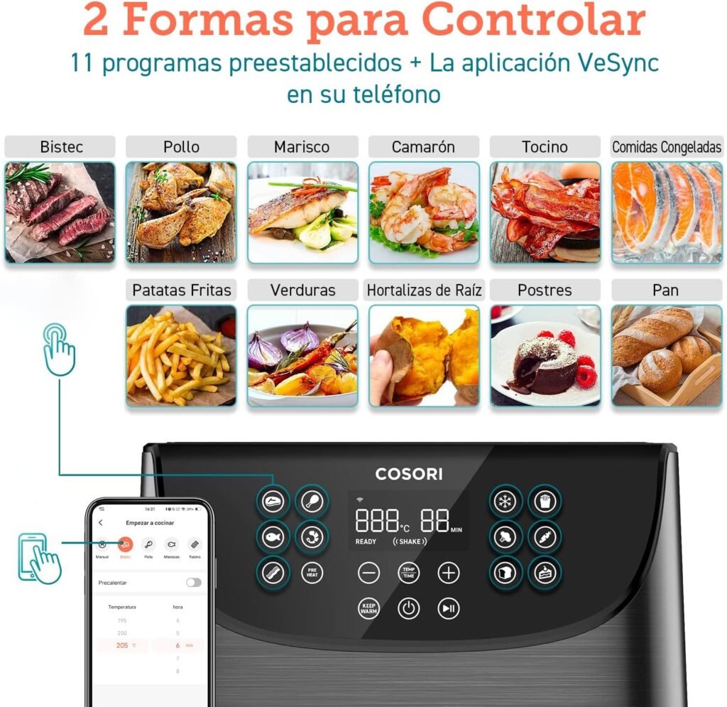 Infografía de COSORI Air Fryer mostrando 11 programas preestablecidos y la aplicación VeSync en un teléfono, con ejemplos de alimentos.