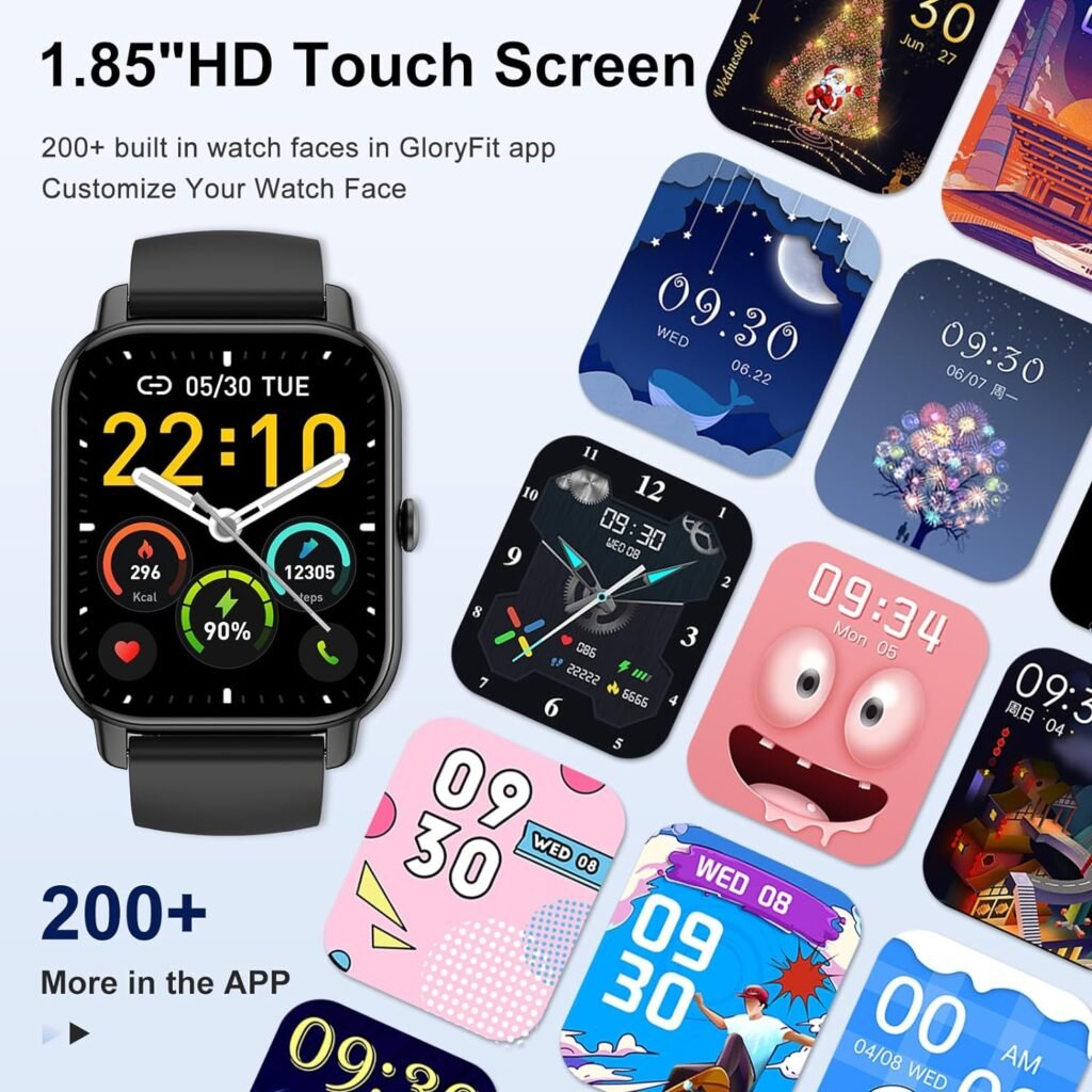 Anuncio de reloj inteligente destacando su pantalla táctil HD de 1.85 pulgadas con múltiples carátulas personalizables disponibles a través de la aplicación GloryFit, mostrando una variedad de diseños desde clásicos hasta modernos y artísticos.