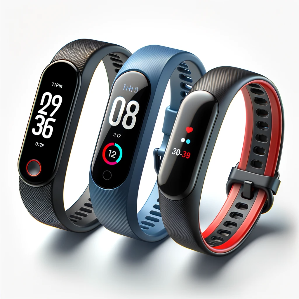 Las 3 Mejores Pulseras de Actividad moderna con banda negra y pantalla digital colorida.