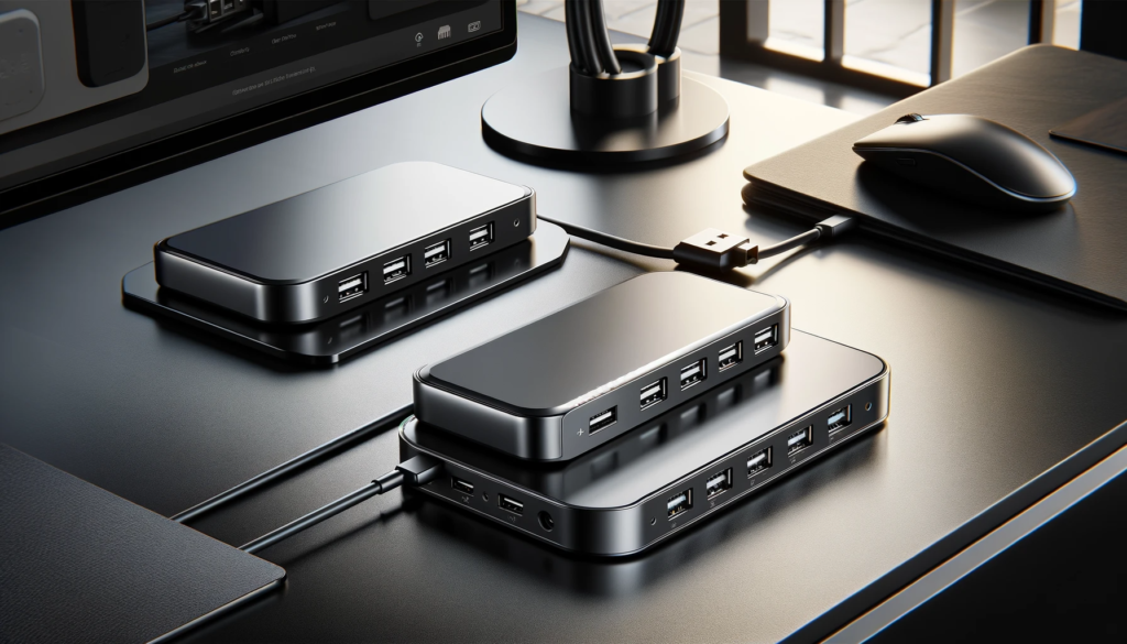 Concentrador USB portátil de diseño compacto y metálico junto a un concentrador USB estacionario más grande con múltiples puertos y acabado negro mate en un escritorio moderno.