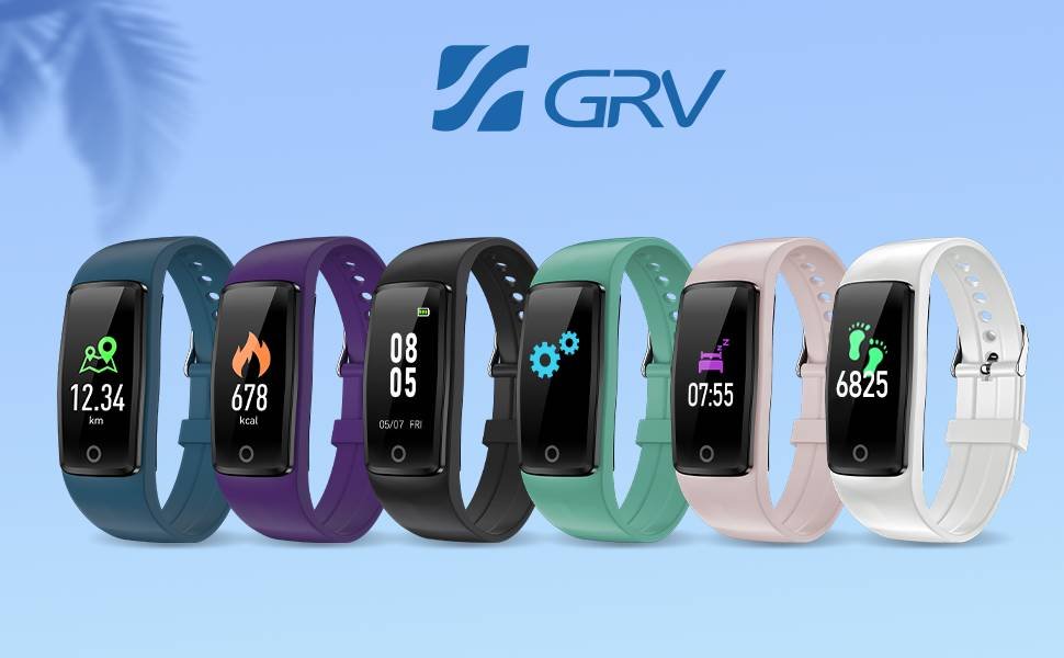 Colección de pulseras de actividad GRV en variedad de colores, incluyendo azul, morado, negro, verde menta, rosa y blanco, cada una mostrando una función diferente en la pantalla como distancia recorrida, calorías quemadas, hora y fecha, ajustes y contador de pasos, sobre un fondo degradado azul.