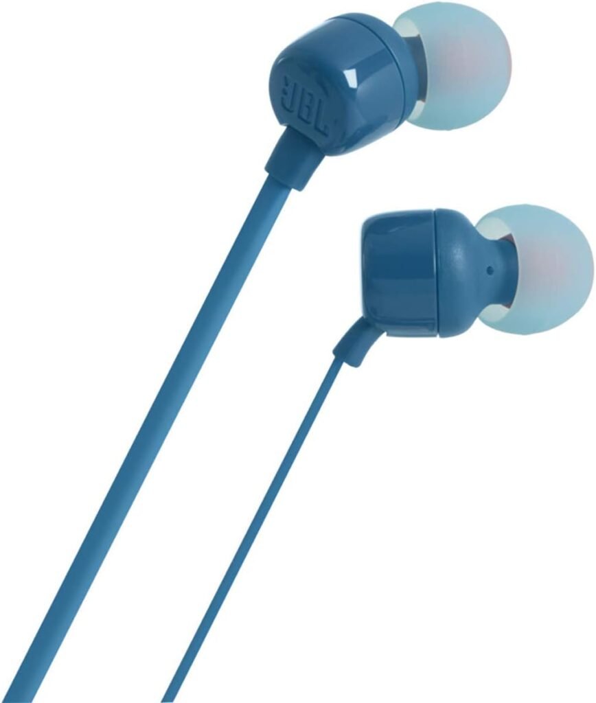 Auriculares intra-auriculares JBL T110 en color azul con detalles de la marca