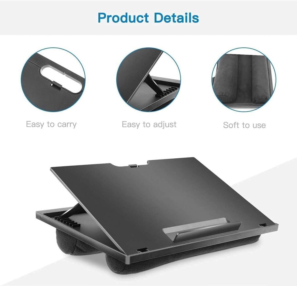 Soporte para laptop negro ajustable con características de portabilidad, ajuste de ángulo y base acolchada para comodidad.