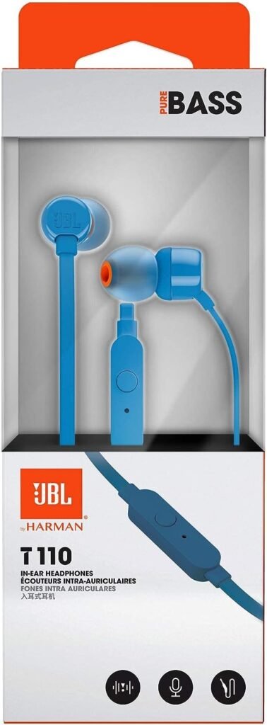 JBL T110 In-Ear Headphones con Pure Bass en empaque, color azul