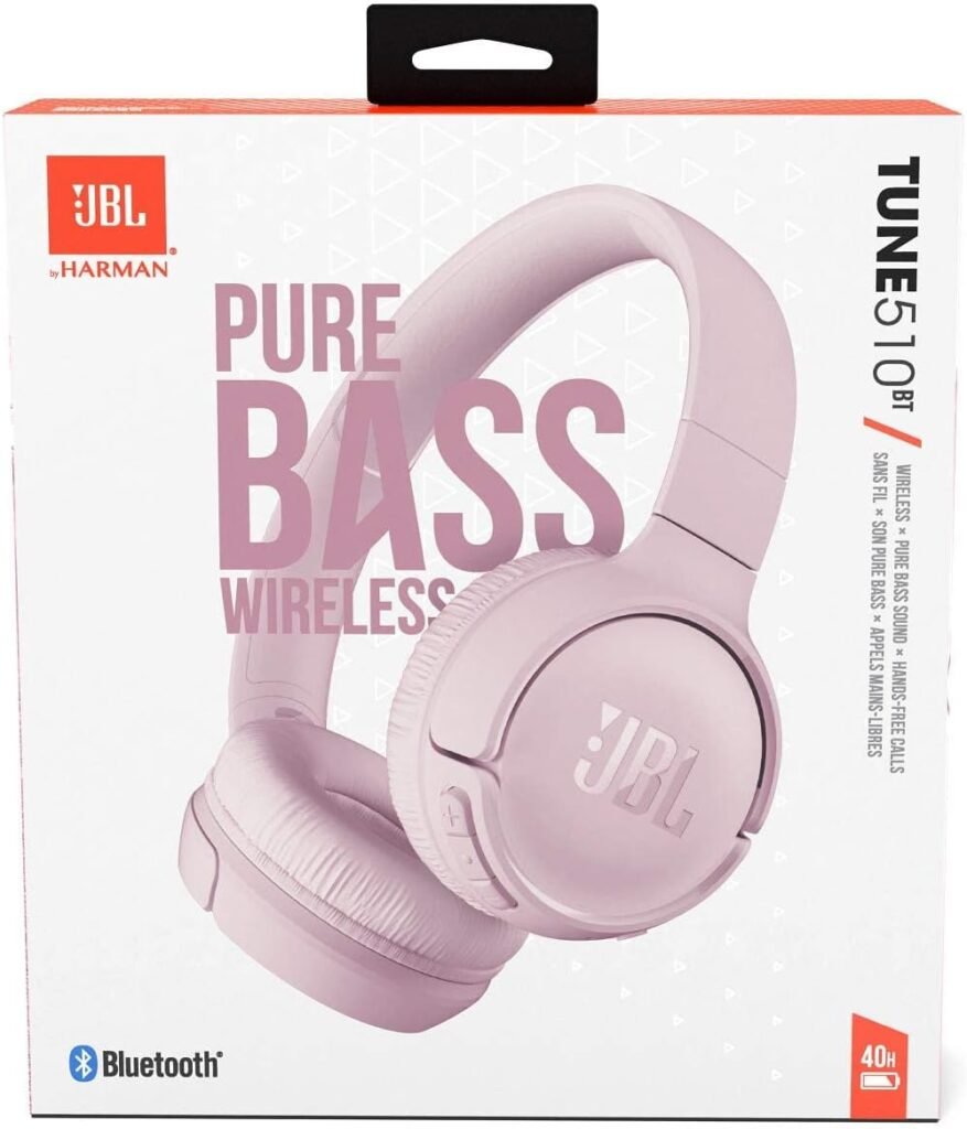 Empaque de los auriculares JBL TUNE 510BT Wireless Pure Bass con Bluetooth, en color rosa