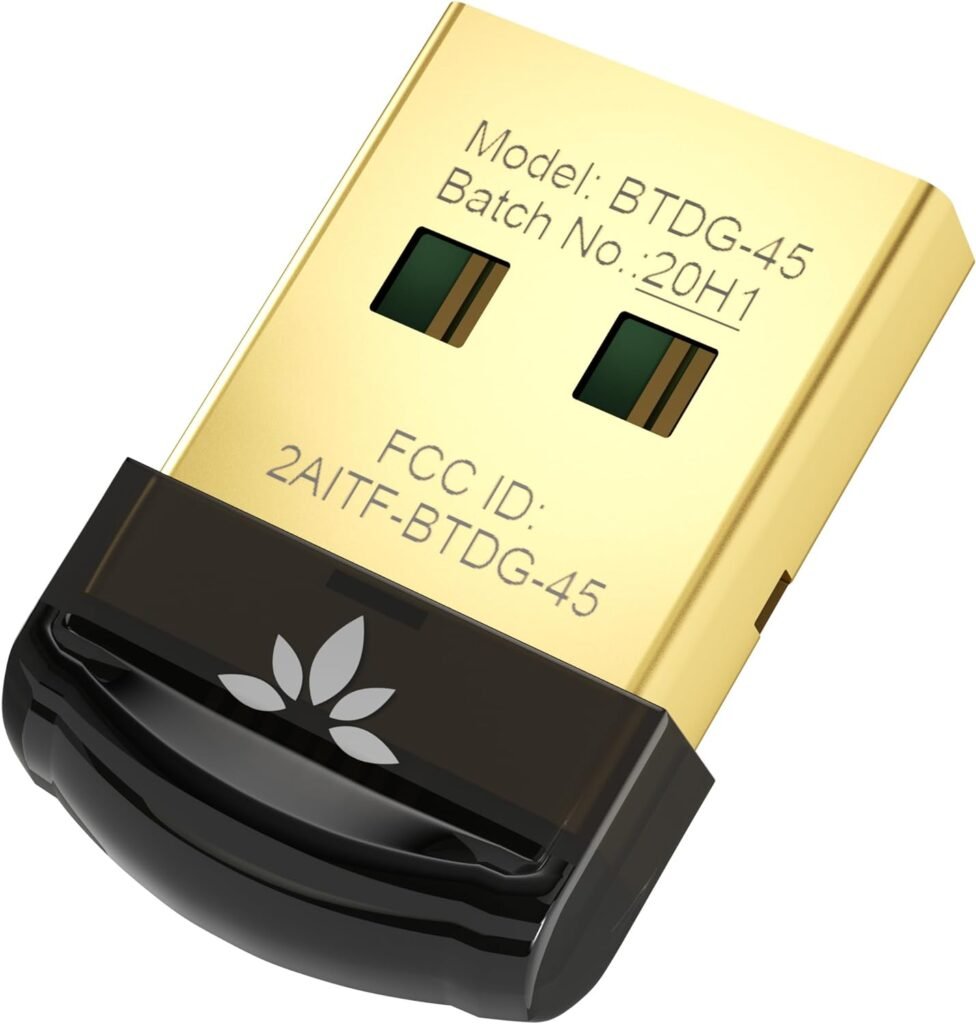 Adaptador USB Bluetooth Avantree DG45 con diseño en dorado y negro mostrando detalles y número de modelo.