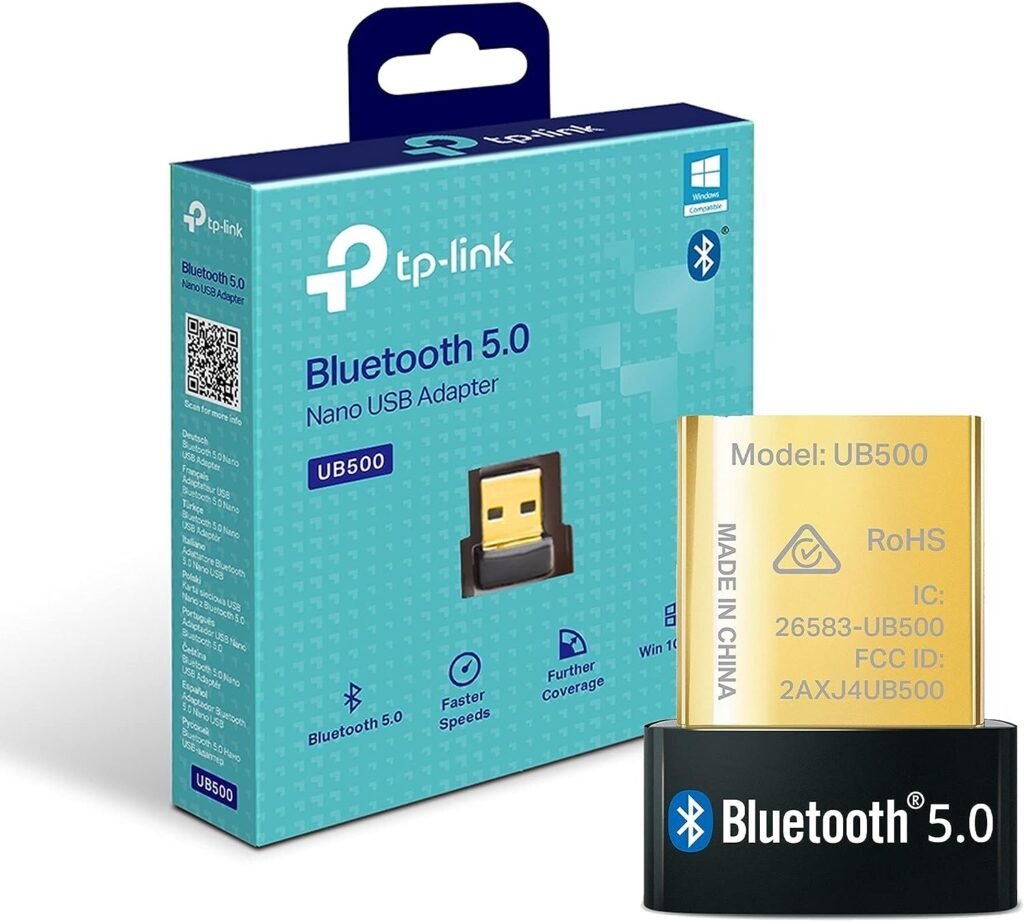 Empaque del adaptador Bluetooth 5.0 Nano USB TP-Link UB500 mostrando el dispositivo y especificaciones.